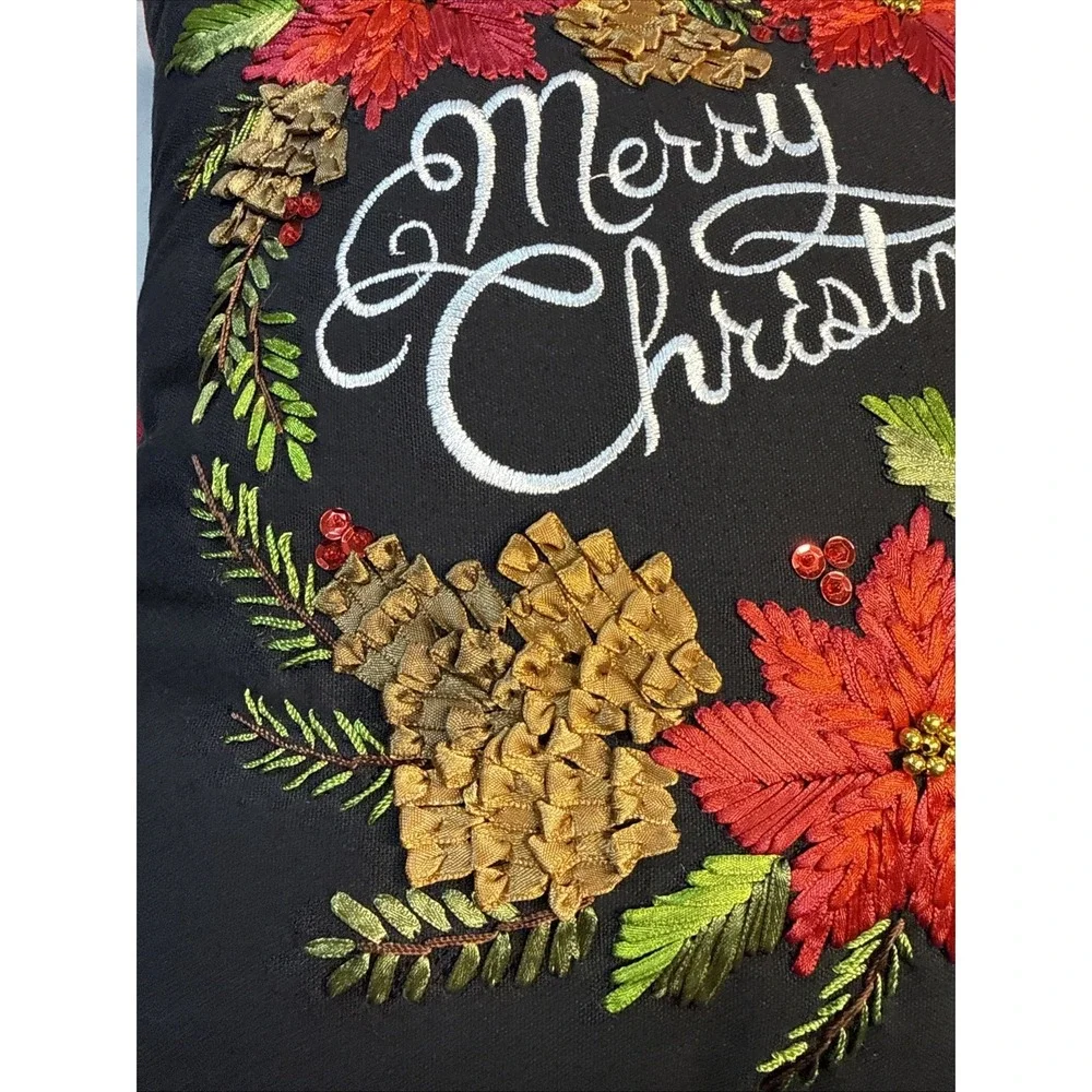 Embroidered Merry Christmas Poinsettia Throw Pillow Black Velvet Holiday Decor